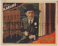 3c425 DOOMED TO DIE LC 1940 best close up of Asian detective Boris Karloff pointing gun!