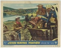 3c526 HONDO 3D LC #6 1953 3-D, John Wayne & Ward Bond help wounded soldier down from stagecoach!