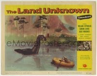 3c601 LAND UNKNOWN LC #2 1957 girl in raft is scared of the giant dinosaur emerging from lake!