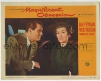 3c639 MAGNIFICENT OBSESSION LC #4 1954 close up of concerned Jane Wyman & Rock Hudson in car!