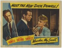 3c686 MURDER, MY SWEET LC 1944 Dick Powell as Philip Marlowe lighting Claire Trevor's cigarette!