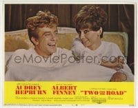 3c934 TWO FOR THE ROAD LC #8 1967 close up of Audrey Hepburn & Albert Finney laughing in bed!