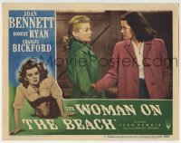 3c979 WOMAN ON THE BEACH LC #4 1946 close up of bad girl Joan Bennett grabbing Nan Leslie!