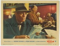 3c985 WRONG MAN LC #6 1957 Alfred Hitchcock shown reading newspaper behind smoking Henry Fonda!