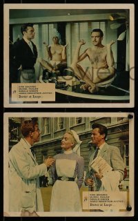 3d183 DOCTOR AT LARGE 4 color English FOH LCs 1957 Dr. Dirk Bogarde is bed-ridden with girl fever!