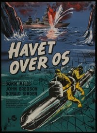 3f213 ABOVE US THE WAVES Danish 1956 art of John Mills & English WWII battleship by Wenzel!
