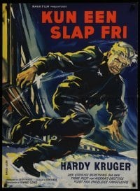 3f239 ONE THAT GOT AWAY Danish 1959 cool artwork of Hardy Kruger jumping from a train!