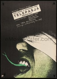 3f930 BROADCAST NEWS Polish 26x37 1989 different Pagowski art of blindfolded girl w/ forked tongue!
