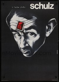 3f976 SCHULZ exhibition Polish 26x37 1983 dark Bednarski artwork of man with stamp on forehead!