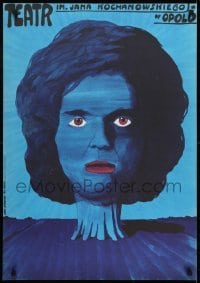 3f910 TEATR IM JANA KOCHANOWSKIEGO Polish 23x33 1975 artwork of blue woman by Jan Sawka!