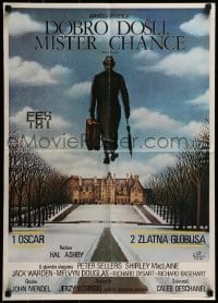 3f266 BEING THERE Yugoslavian 20x28 1981 art of Peter Sellers walking into the sky, Mister Chance!