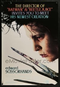 3g297 EDWARD SCISSORHANDS DS 1sh 1990 Tim Burton classic, close up of scarred Johnny Depp!