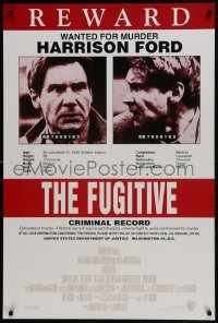 3g334 FUGITIVE recalled int'l 1sh 1990s Harrison Ford is on the run, cool wanted poster design!