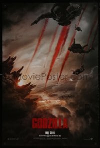 3g356 GODZILLA teaser DS 1sh 2014 image of soldiers parachuting over burning San Francisco!