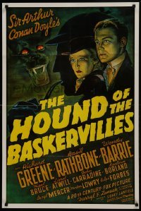 3g422 HOUND OF THE BASKERVILLES 25x37 1sh R1975 Sherlock Holmes, artwork from the original poster!