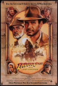 3g448 INDIANA JONES & THE LAST CRUSADE advance 1sh 1989 Ford/Connery over a brown background by Drew