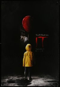 3g468 IT teaser DS 1sh 2017 creepy image of Pennywise handing child balloon, you'll float too!