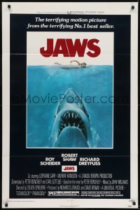 3g481 JAWS 1sh 1975 art of Spielberg's classic man-eating shark attacking swimmer!