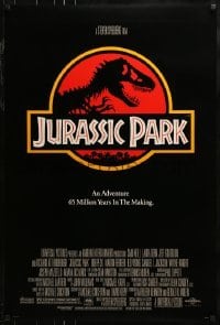 3g490 JURASSIC PARK DS 1sh 1993 Steven Spielberg, classic logo with T-Rex over red background