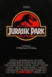 3g489 JURASSIC PARK advance DS 1sh 1993 Steven Spielberg, classic logo with T-Rex over red background