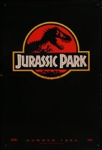 3g491 JURASSIC PARK teaser 1sh 1993 Steven Spielberg, classic logo with T-Rex over red background