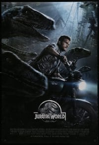 3g493 JURASSIC WORLD DS 1sh 2015 Jurassic Park, Chris Pratt on motorcycle w/trained raptors!