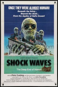 3g769 SHOCK WAVES 1sh 1977 art of Nazi ocean zombies terrorizing boat, once they were ALMOST human