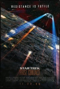 3g838 STAR TREK: FIRST CONTACT int'l advance DS 1sh 1996 starship Enterprise above Borg cube!