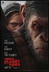 3g942 WAR FOR THE PLANET OF THE APES style B teaser DS 1sh 2017 close-up of Caesar and Amiah Miller!