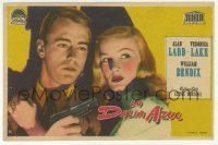 3h120 BLUE DAHLIA Spanish herald 1949 close up art of Alan Ladd with gun & sexy Veronica Lake!