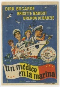 3h159 DOCTOR AT SEA Spanish herald 1958 wacky art of Dirk Bogarde & sexy Brigitte Bardot on ship!