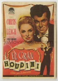 3h215 HOUDINI Spanish herald 1955 Albericio art of Tony Curtis as the famous magician + Janet Leigh