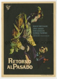 3h296 OUT OF THE PAST Spanish herald 1958 different art of Robert Mitchum over guy by Mac Gomez!