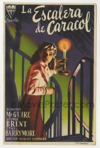 3h360 SPIRAL STAIRCASE Spanish herald 1947 art of scared Dorothy McGuire holding candle on stairs!