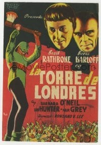 3h390 TOWER OF LONDON Spanish herald 1944 Boris Karloff, Basil Rathbone, MCP executioner art!