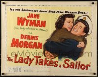 3j735 LADY TAKES A SAILOR 1/2sh 1949 close up of Jane Wyman hugging boat captain Dennis Morgan!