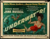 3j956 UNDERWATER 1/2sh 1955 Howard Hughes, artwork of skin diver Jane Russell, Aqua-Lung thrills!