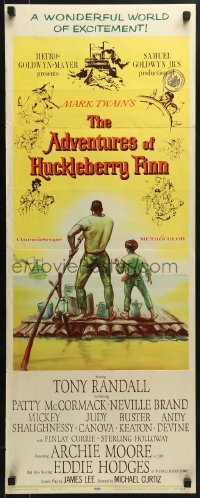 3j005 ADVENTURES OF HUCKLEBERRY FINN insert 1960 Mark Twain, Michael Curtiz, art of Huck & Jim on raft