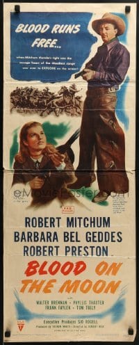 3j033 BLOOD ON THE MOON insert 1949 art of cowboy Robert Mitchum pointing gun & Barbara Bel Geddes
