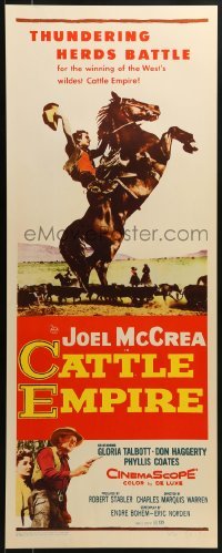 3j055 CATTLE EMPIRE insert 1958 cool full-length image of cowboy Joel McCrea on rearing horse!