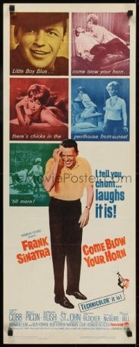 3j065 COME BLOW YOUR HORN insert 1963 close up of laughing Frank Sinatra, from Neil Simon's play!