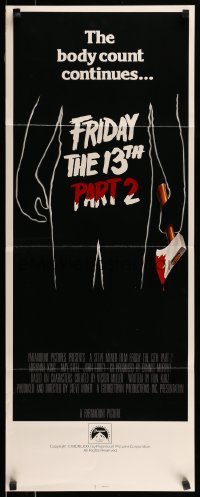 3j119 FRIDAY THE 13th PART II int'l insert 1981 summer camp slasher horror sequel, body count continues!