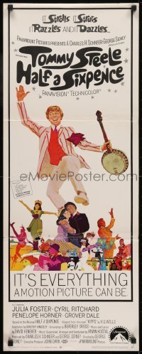 3j154 HALF A SIXPENCE insert 1968 McGinnis art of Tommy Steele with banjo, from H.G. Wells novel!
