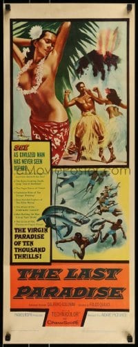 3j223 LAST PARADISE insert 1957 art of super sexy topless island babes + men fighting sharks!