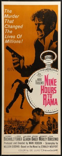 3j296 NINE HOURS TO RAMA insert 1963 Saul Bass-like art of man running over pocket watch!