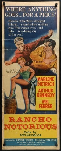 3j346 RANCHO NOTORIOUS insert 1952 Fritz Lang directed, art of sexy Marlene Dietrich showing leg!