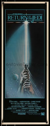 3j352 RETURN OF THE JEDI int'l insert 1983 George Lucas, art of hands holding lightsaber by Reamer!