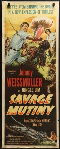 3j377 SAVAGE MUTINY insert 1953 art of Johnny Weissmuller as Jungle Jim fighting island natives!