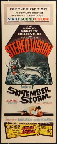 3j386 SEPTEMBER STORM insert 1960 art of sexy scuba diver attacked by shark, in Stereo-Vision!