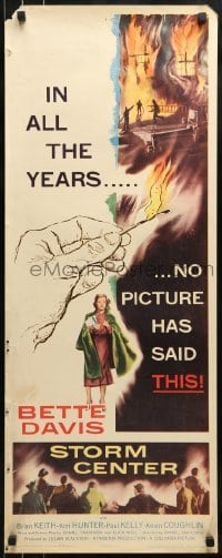 3j428 STORM CENTER insert 1956 close-up artwork of Bette Davis, scenes of firemen vs. inferno!